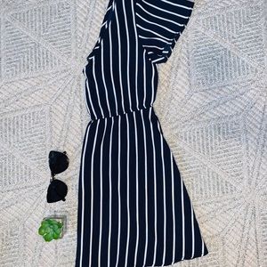 plunging V navy blue striped dress